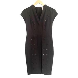 Y2K Cache Bodycon Dress Black Ponte Knit Fitted Gold Stud Studded Sheath Size 6